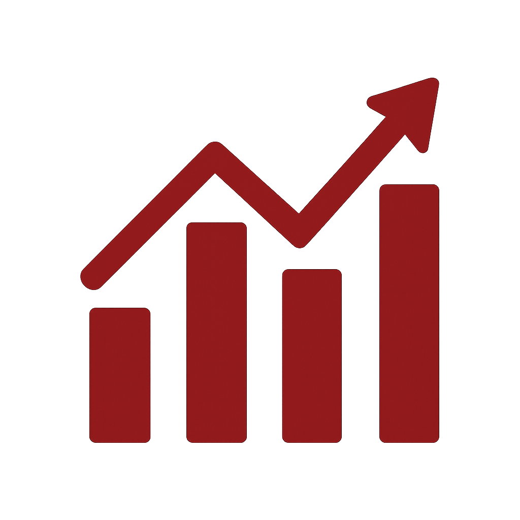 I need a small 40 x 40 bar graph that goes up then comes down then up again with an arrow at the end the whole graph should be color hex 89161d and i-2