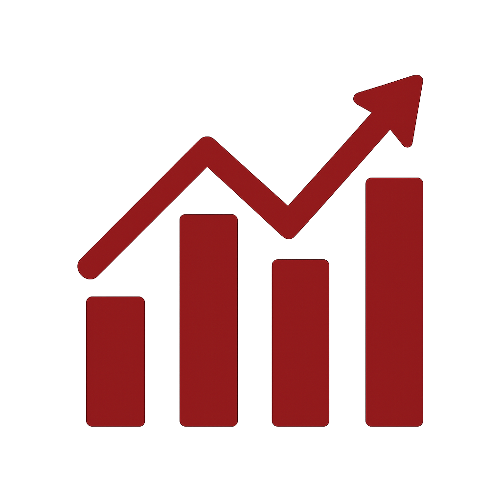 I need a small 40 x 40 bar graph that goes up then comes down then up again with an arrow at the end the whole graph should be color hex 89161d and i-2